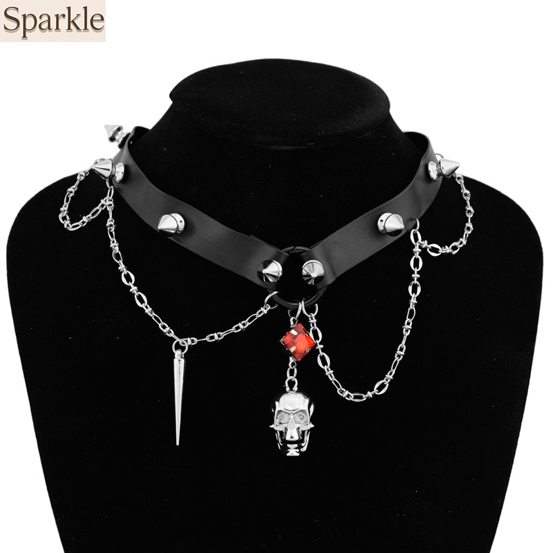 Dark Skull Leather Choker, Y2K - огляд і ціна Goth Punk Spike Choker