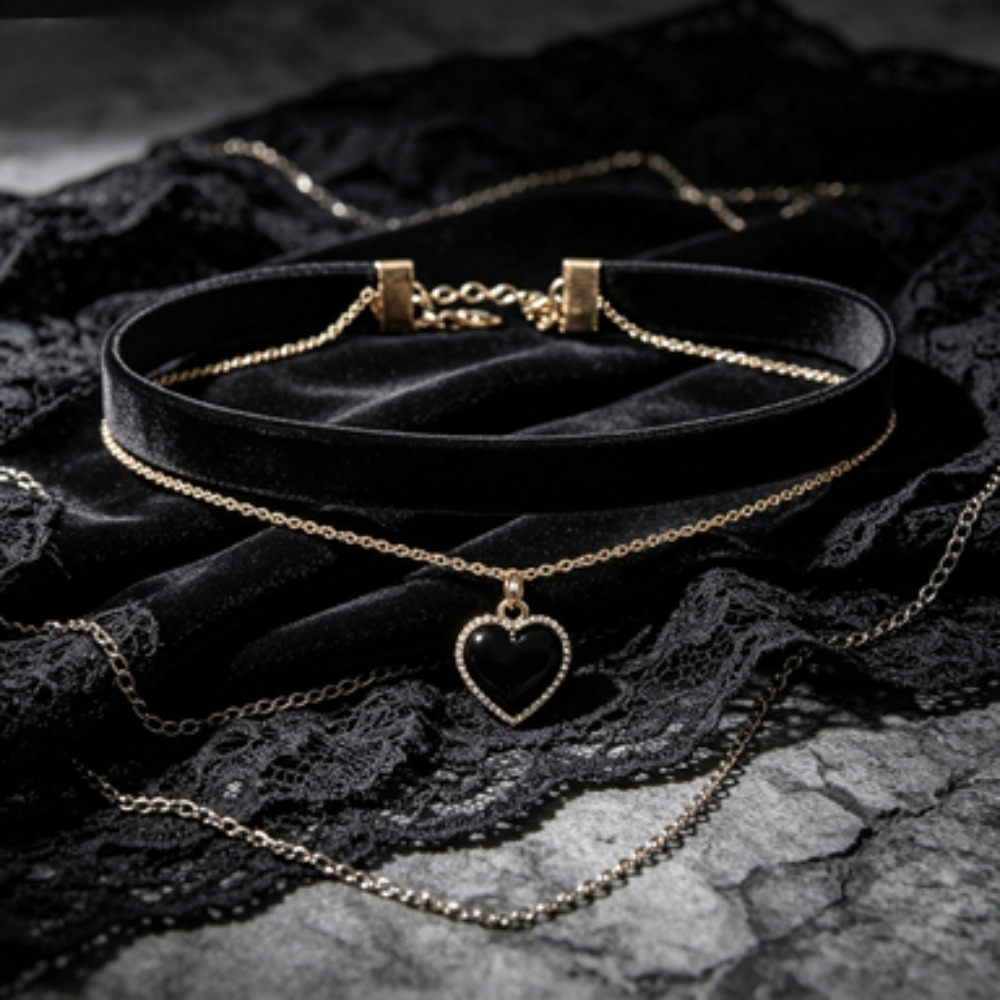 Multi Layer Black Peach Heart  - огляд і ціна Layered Pendant Necklace Aesthetic